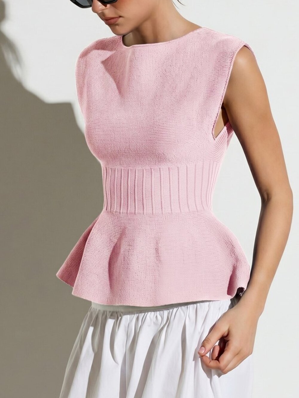 Baby Pink Casual Women's Sleeveless Knit Peplum Top